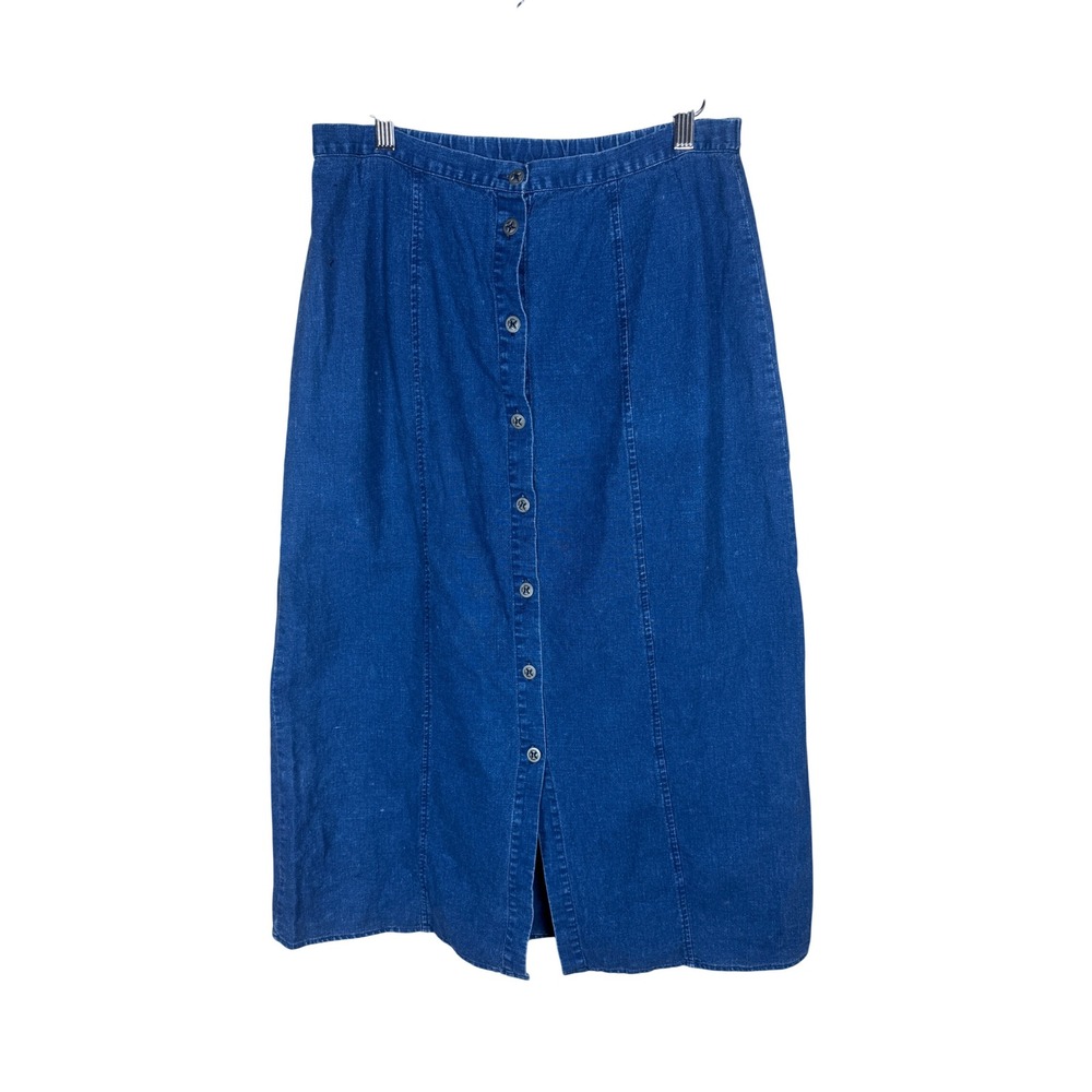 Requirements Blue Linen Blend Button Front Midi Skirt Size 10 A-Line Denim Look